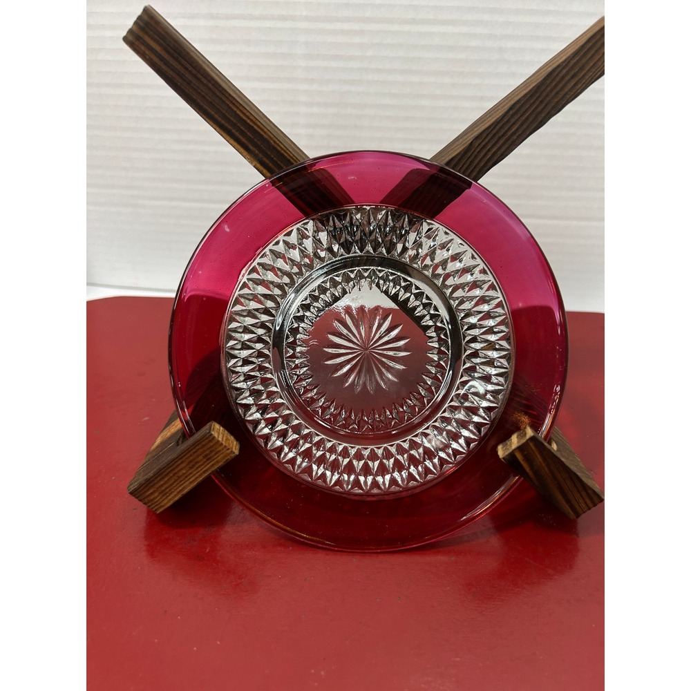 Unbranded Starburst Glass Plate 4.5" Ruby Red Diamond Cut Vintage MCM Holiday